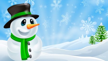 Happiest Snowman - snowman, winter, snowflakes, blue, snow, tree, top hat, holiday, snowdrifts, Christmas