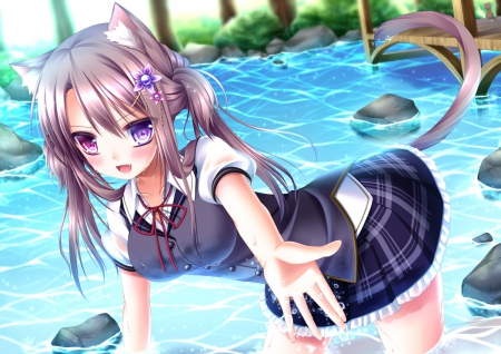 wanna play ? - girl, cute, water, animal ears