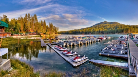 marina on beautiful bass lake in california - lake, boats, forest, marina, docks