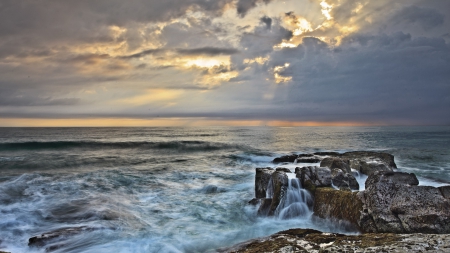 point arkwright in australia at sunset hdr - clouds, shore, hdr, sunset, sea, point, waves