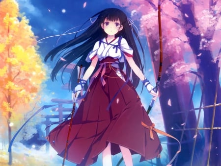 Miko-sama - nice, beauty, sky, bow and arrow, trees, female, ribbons, anime girl, black hair, miko, cool, petals, clouds, anime, kimono, arrow, long hair, bow, beautiful, weapon, sweet, lights, black eyes