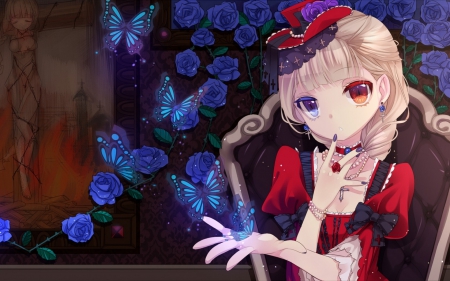 Alice in wonderland - alice in wonderland, beauty, female, roses, hat, magic, anime girl, fantasy, red eyes, blond hair, dark, anime, cute, butterflies, ponytail, blue eyes, lovely, beautiful, sweet, flowers, lights, dress