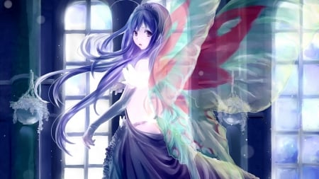 Kuroyukihime - anime, multicolor, female, dress, long hair, dark, Kuroyukihime, accel world, black dress, anime girl, beautiful, beauty, red eyes, lights, wings, black hair, butterfly, gloves