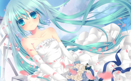 Hatsune Miku - roses, vocaloid, female, twintail, Hatsune Miku, dress, green eyes, green hair, long hair, wedding dress, flowers, ribbon, sky, clouds, bride, anime girl, beautiful, blush, beauty, sweet, petals, wind, smile, cute, weddind, gloves