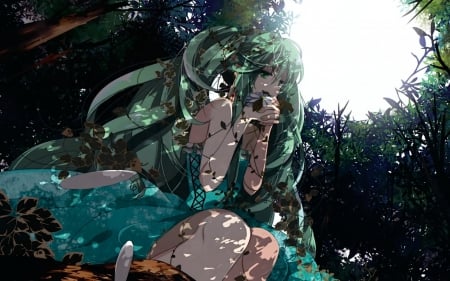 Hastune Miku - nice, beauty, sky, trees, female, magic, hastune miku, twintail, anime girl, fantasy, cool, dark, anime, sunlight, light, long hair, awsome, green eyes, forest, vocaloid, beautiful, green hair, dress, flower