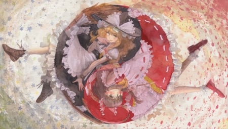 Yin & Yang - dresses, touhou, hakurei reimu, kirisame marisa, blonde, brown hair, anime, long hair, bow, hat, friends