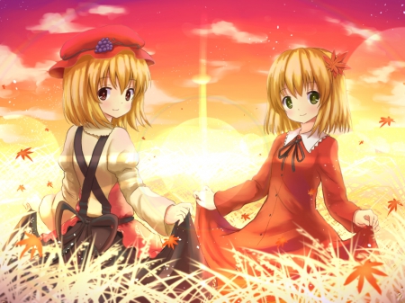 ~Sisters~ - hat, Shizuha Aki, anime, dress, blonde, grass, green eyes, red eyes, aki minoriko, short hair, touhou, autumn, sisters, friends, sky