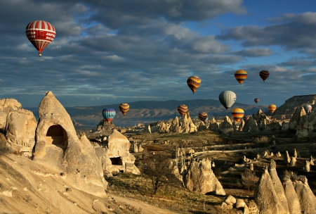 Cappadocia - aircraft, sky, scenic, hot air balloons, clouds, mountains