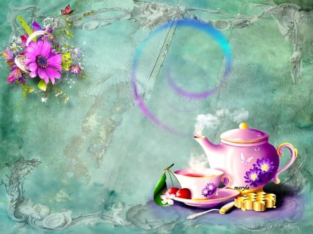 good morning - magic, coffee, butterflies, kettle, tea, love, flower, flowers, steam, good morning, butterfly, cute, color, cup