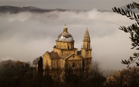 old church in heavy fog - fog, mountains, tower, church