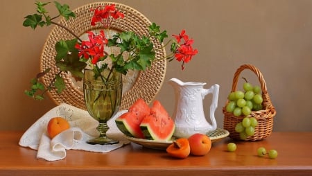 Late august - nice, water melon, fruits, basket, lovely, still life, vase, beautiful, leaves, grape, late, flowers, august