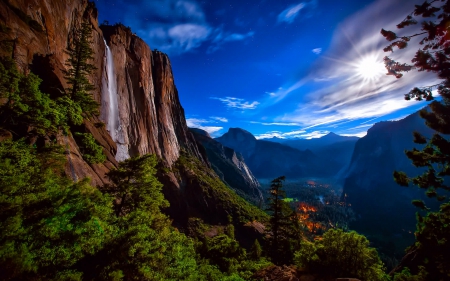 Super moon over Yosemite falls - rocks, national park, beautiful, village, amazing, view, park, mountain, yosemite, valley, waterfall, super, falls, sky, nice, clouds, lovely, majestic, moon, trees