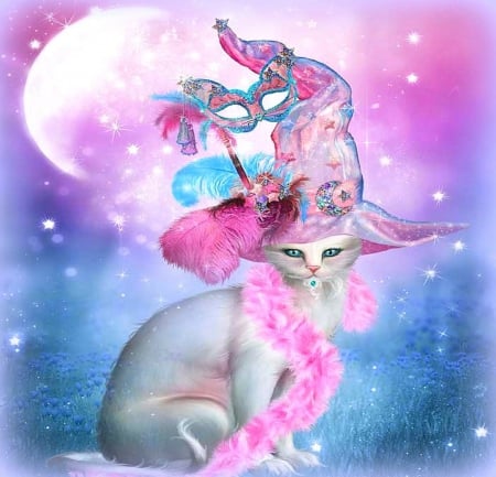 ♥Cat in Fancy Witch Hat♥ - creative pre-made, holidays, stars, October 31st, halloween, softness beauty, beautiful, backgrounds, digital art, colors, lovely, witch hat, sweet, cat, fantasy, moons, feathers, love four seasons, animals