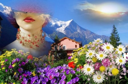 Face Fantasy - face, mountains, wallpaper, digital, landscape, beautiful, flowers, collage, girl, art, fantasy, woman, colorful