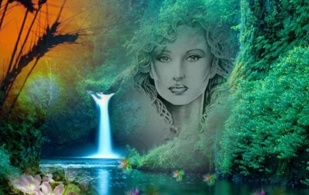 Forest Girl - beautiful, collage, serene, girl, forest, fantasy, nature, waterfall, green, digital, woman, face, art, wallpaper