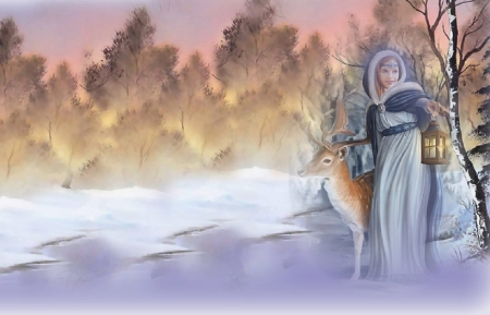 Lovely Winter Scenery - wallpaper, digital, winter, beautiful, sweet, deer, girl, art, fantasy, nice, lovely, woman, snow