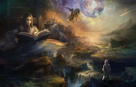 The Magic Book - beautiful, girl, lovely, details, fantasy, magic book, digital, fantasy world, nice, fine, art, wallpaper