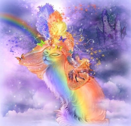 Cat in Rainbow Hat - rainbow, stars, cat, feathers, animals, lovely, creative pre-made, love four seasons, digital art, castle, weird things people wear, beautiful, sweet, butterfly designs, cute, unicorn