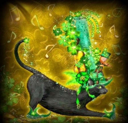 â™¥Cat in Irish Jig Hatâ™¥ - hat, animals, creative pre-made, digital art, softness beauty, green, little violin, musical notes, melody, cat, irish, lovely, love four seasons, weird things people wear, backgrounds, beautiful, leaves