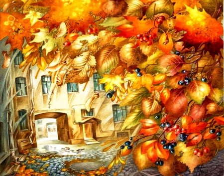 Fall Art - leaves, backyard, house, colors