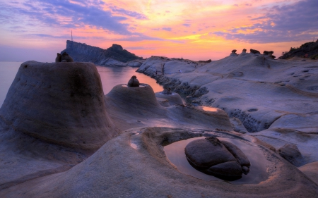 gorgeous rocky coastline - rocks, coast, pools, sunset, sea