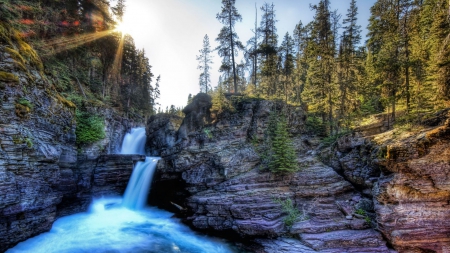 fantastic waterfalls gorge hdr - sun rays, waterfalls, hdr, forest, gorge, rocks