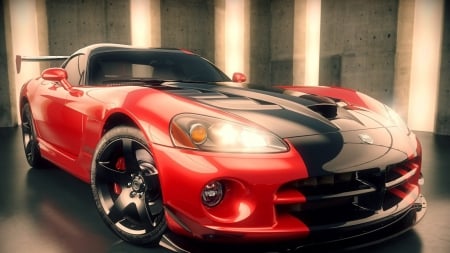 red dodge viper - car, wing, red, light, parking