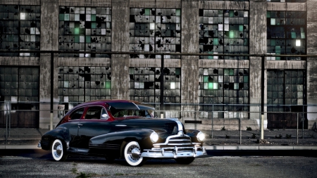 vintage chevrolet at an abandoned warehouse - warehouse, car, vintage, fence, abandoned