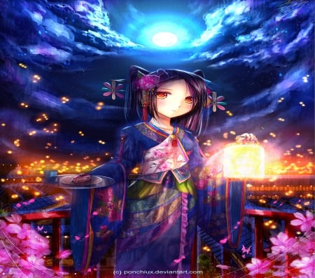 Oriental Girl - moon, girl, night, orginal, japan, lantern, oriental, service, kimono, cute