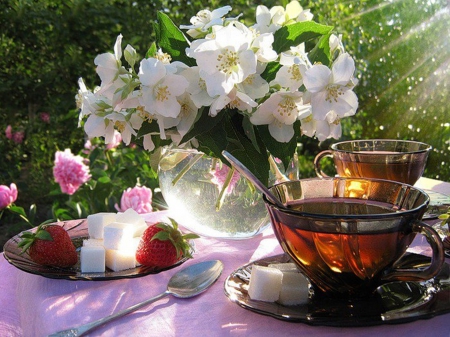 Good Morning - flowers, tee, breakfast, table, bouquet, cup