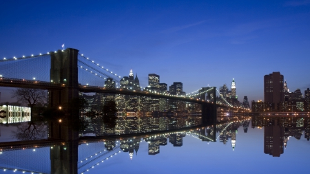 brooklyn bridge reflected in mirrored east river - reflection, river, city, bridge, lights