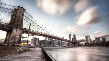 boardwalk in brooklyn under a bridge of same name hdr - clouds, river, hdr, city, boardwalk, bridge