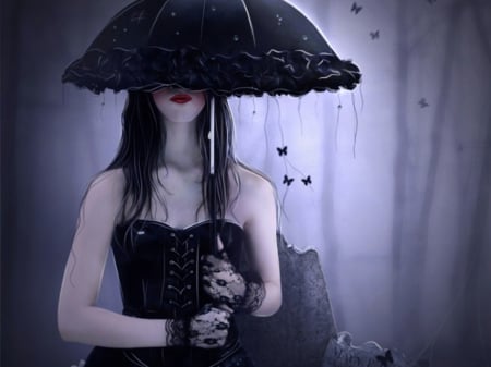 ~Black Gothic Mystery~ - people, butterflies, dress, photomanipulation, dark, beautiful girls, butterfly designs, umbrella, model female, mystery, black dress, women, softness beauty, beautiful, digital art, models, weird things people wear, gothic, cool, girls, black, love four seasons