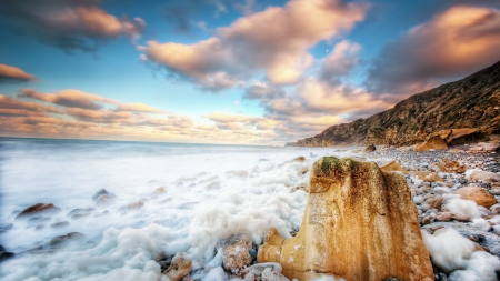 marvelous misty stony seashore hdr - clouds, shore, hdr, stones, sea, mist