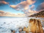 marvelous misty stony seashore hdr