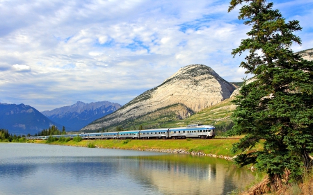 Via Rail going through Jasper Nat'l. Park - Mountains, Nature, Canada, Reflection, Train