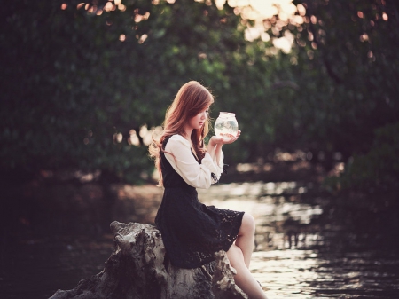 Under the sea - women, sky, lake, fish bowl, trees, water, fish, rocks