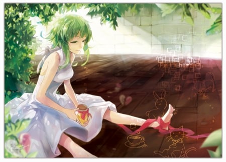 Am I A Human? - animals, barefoot, green eyes, vocaloid, anime, ribbon, gumi, cute, green hair, dress