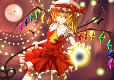 Happy Halloween!!! - touhou, halloween, blonde, anime, dress, wings, red eyes, bow, flandre scarlet, hat, bats, moon, vampire