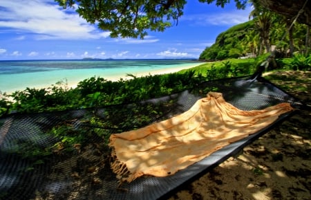 Hammock on the Beach Fiji - beach, aqua, pacific, hammock, paradise, polynesia, lagoon, south, sand, ocean, islands, tropical, exotic, blue, island, fiji, sea