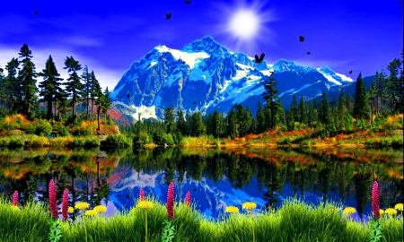 Landascape with mountain and lake - nice, sky, dazzling, freshness, sun, colorful, clear, rocks, crystal, view, reflection, grass, snowy, cliffs, lake, landscape, mountain, hills, majestic, shore, lovely, peak, nature, beautiful, flowers, wildflowers