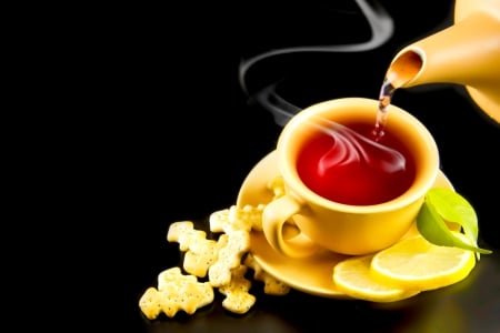 HOT LEMON TEA - tea, lemons, saucer, food, cup, drinks