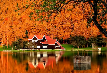 Autumn reflections - pretty, reflections, cabin, picnic, forest, leaves, shore, red, lake, nice, cottage, house, trees, beautiful, mirrored, lovely, rest, fall, colorful, river, nature, season, autumn, fiery, foliage