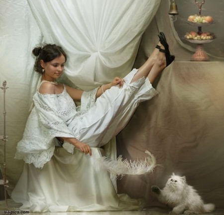 feather and kitten - kitten, relaxing, girl, feather, relaxing photograph