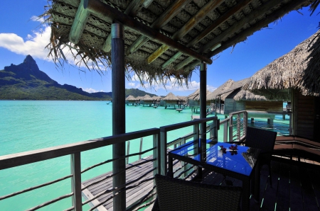 Bora Bora Lagoon View - beach, paradise, pacific, water, villa, polynesia, volcano, view, volcanic, bora bora, atoll, lagoon, south, bungalow, ocean, islands, tropical, exotic, blue, island, sea, tahiti