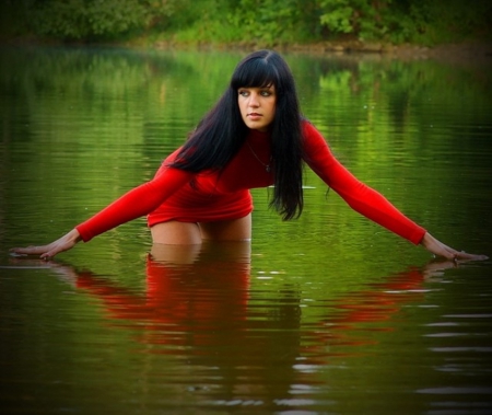 Brunette - bumette, people, woman, red, dress, beauty