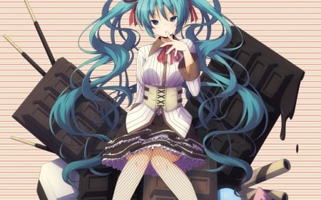 Hatsune Miku - anime, vocaloid, twintail, Hatsune Miku, dress, long hair, blue hair, ribbon, nice, blue eyes, anime girl, beautiful, chocolate, beauty, cool, sweet, miku, cute