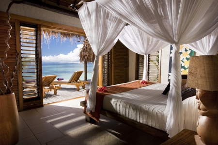 Four Poster Bed overlooking Beach - lagoon, poster, beach, room, island, polynesia, interior, sand, villa, bed, view, bungalow, exotic, paradise, hotel, luxury, water, sea, four, bedroom, ocean, suite, islands, tropical