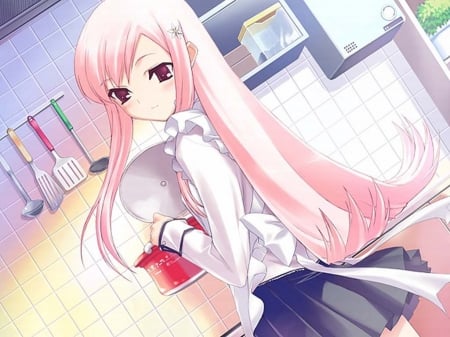 cooking girl - long hair, cooking, girl, pink