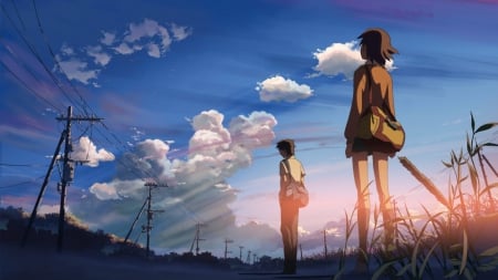 5 Centimeters Per Second - poles, girl, boy, clouds, 5 centimeters per second, road, cant think of a fourth